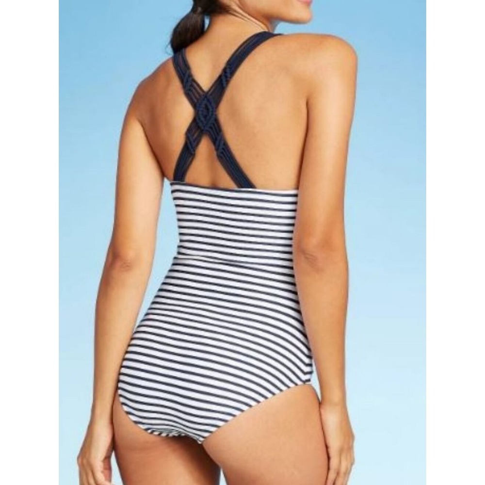 Konal Sol Women's Shirred Macrame Strap One Piece Swimsuit Size M White/Blu Good - Picture 3 of 9